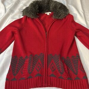 Coldwater creek sweater jacket with faux fur neck